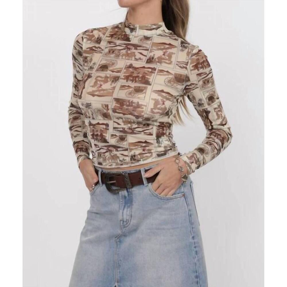 NEW SAGE THE LABEL giddy up mock neck long sleeve mesh top in brown multi - Picture 3 of 4